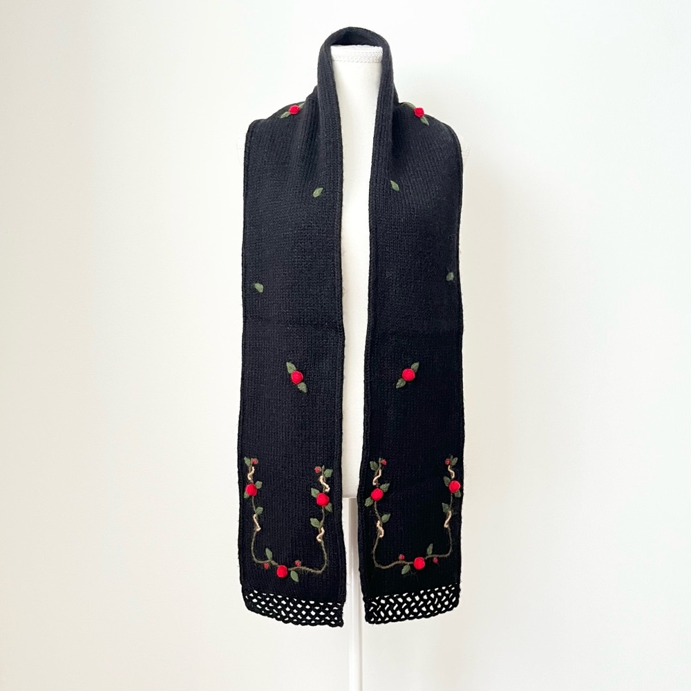 Neckworks Women's Alpaca Blend Knit Scarf Rose Embroidery Crochet Trim Peru